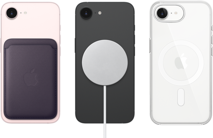 جهاز iPhone&nbsp;17e، الجزء الخارجي الخلفي، لون زهري ناعم، محفظة من نسيج محبوك مع MagSafe مثبتة، جهاز iPhone&nbsp;17e، الجانب الخارجي الخلفي، لون أسود، شاحن MagSafe&nbsp;مثبت، جهاز iPhone&nbsp;17e، الجزء الخارجي الخلفي، لون أبيض، حافظة شفافة مع MagSafe&nbsp;مثبتة