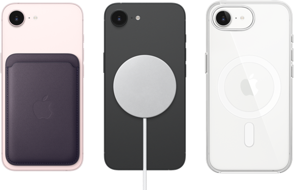 جهاز iPhone&nbsp;17e، الجزء الخارجي الخلفي، لون زهري ناعم، محفظة من نسيج محبوك مع&nbsp;MagSafe مثبتة، جهاز iPhone&nbsp;17e، الجزء الخارجي الخلفي، لون أسود، شاحن MagSafe&nbsp;مثبت، جهاز iPhone&nbsp;17e، الجزء الخارجي الخلفي، لون أبيض، حافظة شفافة مع&nbsp;MagSafe مثبتة