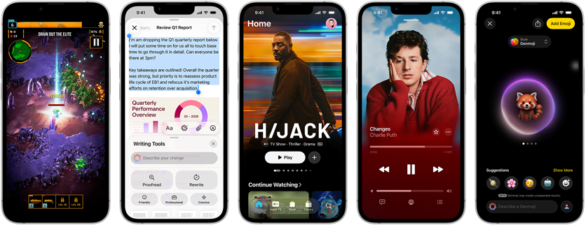 Side-by-side iPhone 17e devices showing different screens: a game being played, Writing Tools, Apple TV app, a calendar event being created, a Genmoji being created