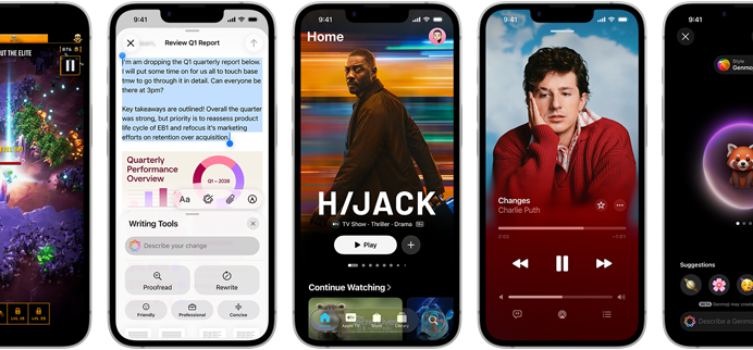 Side-by-side iPhone 17e devices showing different screens: a game being played, Writing Tools, Apple TV app, a calendar event being created, a Genmoji being created