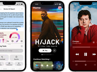 Side-by-side iPhone 17e devices showing different screens: a game being played, Writing Tools, Apple TV app, a calendar event being created, a Genmoji being created