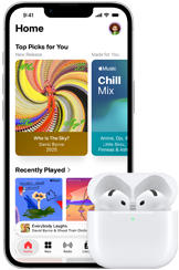 iPhone 17e, front exterior, Apple Music app with Home Screen open, next to AirPods Pro 3 in open MagSafe Charging case